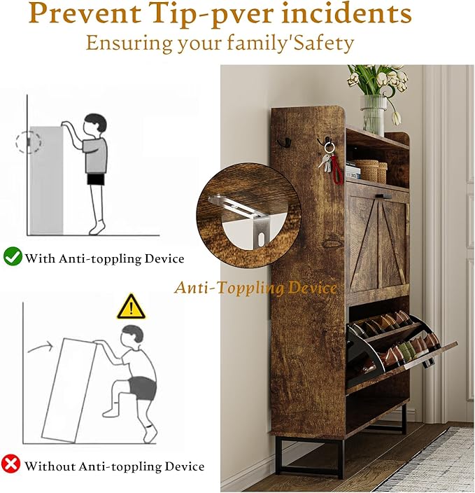 Shoe Storage Cabinet with 2 Flip Drawers, Narrow Wood Shoe Cabinet Storage for Entryway with Metal Legs & Hooks, Adjustable Shelves, Freestanding Shoe Rack Organizer for Foyer, Hallway, Brown