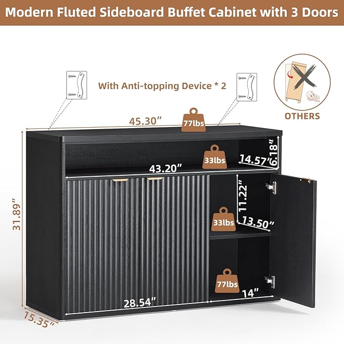 LEYAOYAO Fluted Buffet Cabinet with Storage, 45" Wide Wood Sideboard Credenza with 3 Doors & Open Storage Shelf, Modern Kitchen Console Accent Cabinets, Coffee Bar Table for Dining Room, Black Oak