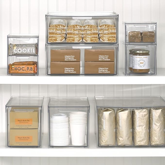 mDesign Stackable Storage Containers Box with 2 Pull-Out Drawers - Stacking Plastic Drawer Bins for Master or Guest Bathroom, Linen Closet, Vanity, Makeup Table Lumiere Collection 4 Pack, Clear