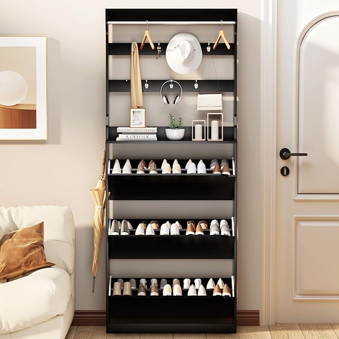 Shoe Cabinet for Entryway with 3 Flip Drawers, Black Tall Wood Shoe Storage Cabinet with Coat Rack, Narrow Hidden Slim Freestanding Shoe Rack Organizer, 2 in 1 Hall Tree for Living Room, Hallway