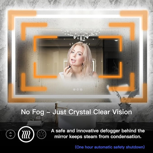 ISKM 48'' x 28' LED Mirror for Bathroom Lighted Vanity Mirror for Wall Front Lights + Backlit LED Bathroom Mirror Anti-Fog Tempered Glass ETL Listed