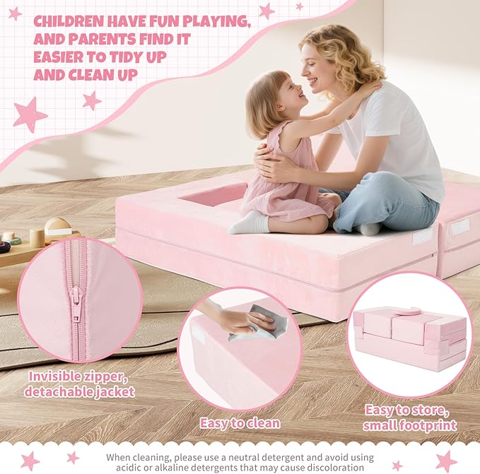 5 Pcs Modular Kids Play Couch, Toddler Couches That Fold Out, Plush Foam Chair for Children’s Playroom, Velvet Fabric Convertible Foam and Floor Cushion for Boys and Girls (Pink,02)