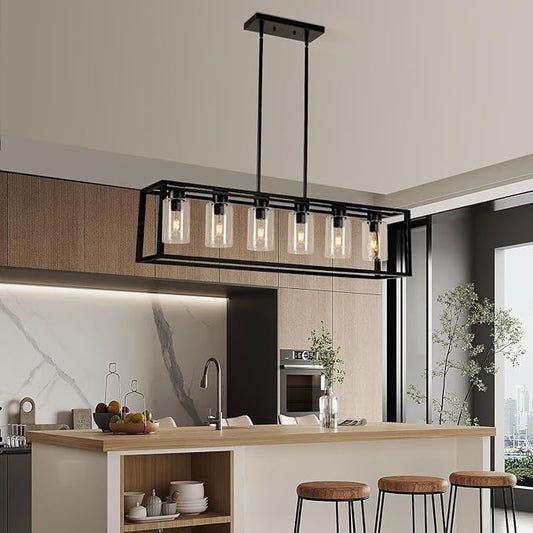 Farmhouse Dining Room Light Fixture Kitchen Island 6-Light Pendant Lighting, Adjustable Rectangle Black Contemporary Chandeliers with Glass Shade (6 Light)