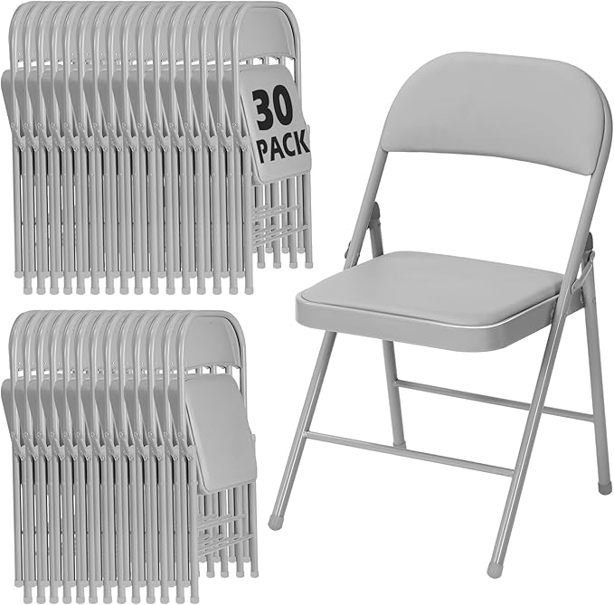 30 Pack Gray Folding Chairs with Padded Cushion for Outside, Portable Stackable Commercial Metal Foldable Chairs with Steel Frame for Home Events Office Wedding Party, 350lbs Capacity
