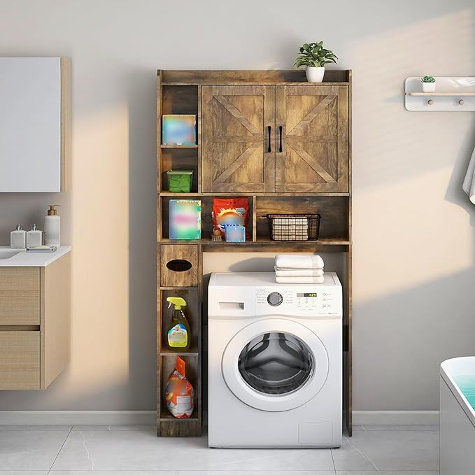 Vabches Over The Toilet Storage Cabinet, Farmhouse Storage Cabinet Over Toilet with 2 Barn Doors & Toilet Paper Holder Stand,Home Space-Saving Toilet Rack, for Bathroom, Restroom, Laundry.