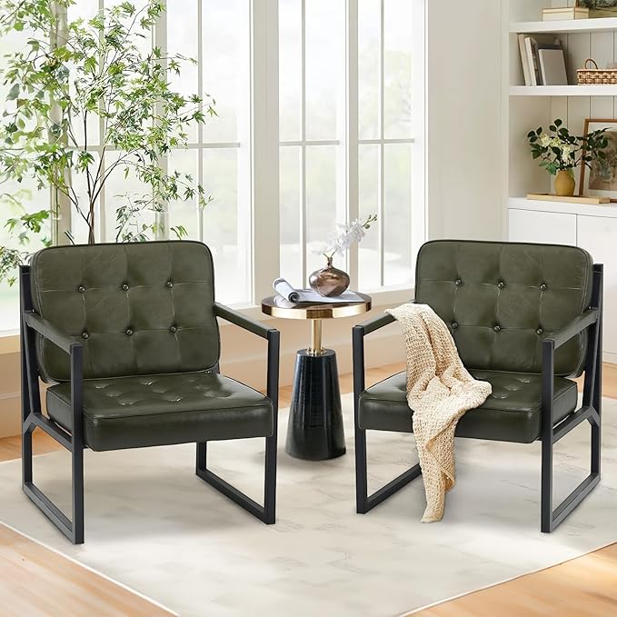 COLAMY Accent Chairs Set of 2, Modern Accent Arm Chairs for Living Room, Comfy Leather Armchairs with Metal Legs for Reception Waiting Room Office Lobby, Green