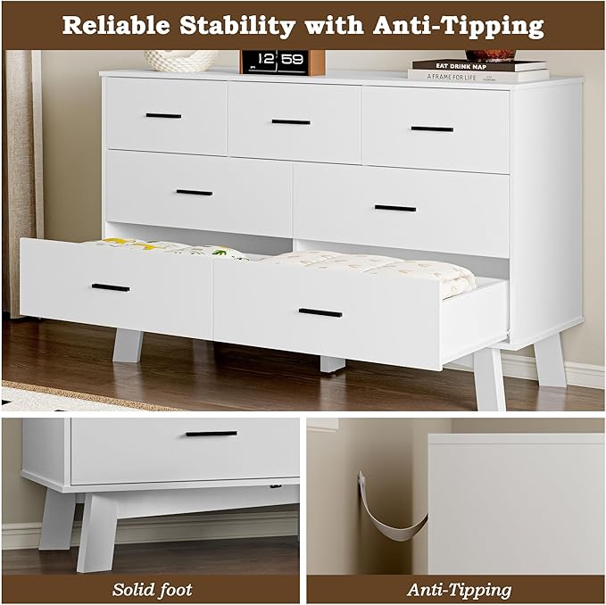 Dresser for Bedroom with 7-Drawer, 47.2" Wide Modern Chest of Drawers with Metal Handles, X-Shape Base & Adjustable Center Leg, Anti-Tip Closet Organizers and Storage