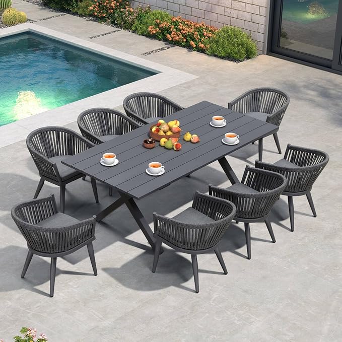 PURPLE LEAF 9 Pieces Outdoor Dining Set with Patio Aluminium Dining Table and Wicker Rattan Chairs Modern Furniture Cushions Sets for Backyard Indoor Decor Kitchen Grey