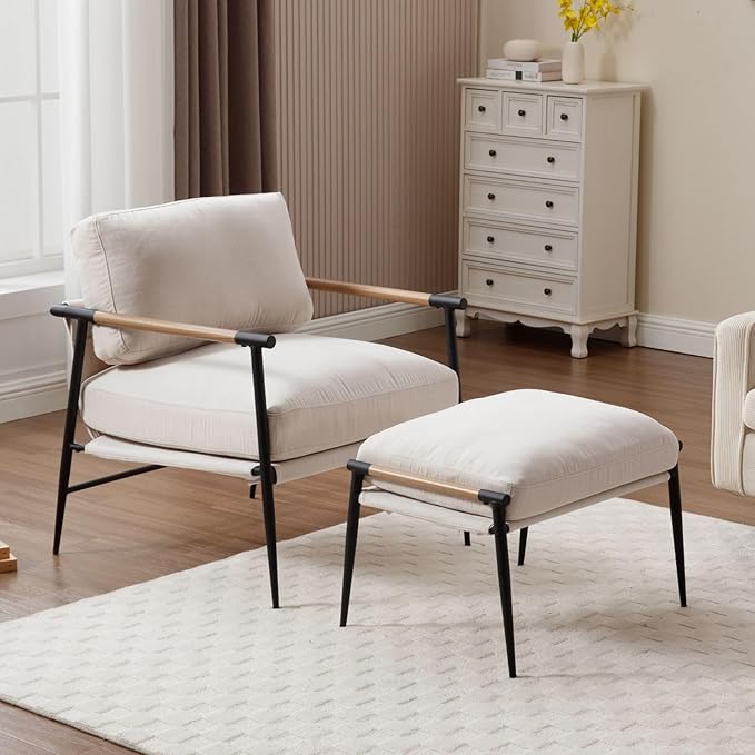 LukeAlon Mid-Century Chenille Accent Chair with Ottoman, Soft Living Room Chair with Metal Legs Modern Upholstered Armchair Reading Nook Chair Lounge Leisure Chair with Footstool for Bedroom, Beige