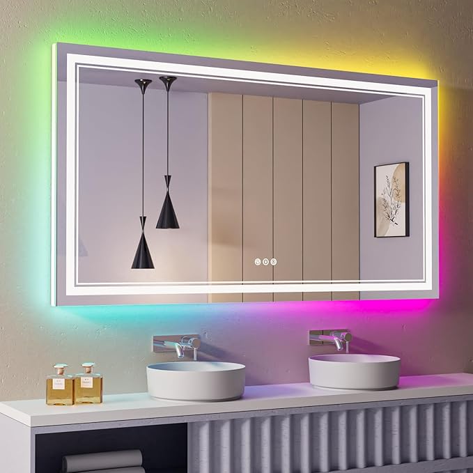 72x40 Inch RGB LED Bathroom Mirror with Lights, Color Changing RGB Backlit LED Mirror for Bathroom,Lighted Vanity Mirrors for Bathroom Wall, Dimmable, Anti-Fog (RGB Backlit+Front-Lit)