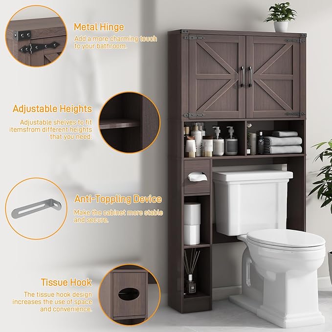 Vabches Over The Toilet Storage Cabinet, Farmhouse Storage Cabinet Over Toilet with Barn Doors & Toilet Paper Holder Stand,Home Space-Saving Toilet Rack, for Laundry, Bathroom, Restroom(Espresso).