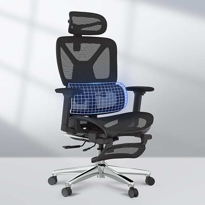 FLEXISPOT ErgoX Premium Ergonomic Office Chair with Footrest- Adjustable 3D Armrests, Dynamic Lumbar Support, Recline & Tilt Function, Mesh Seat, for Home & Office Use,Black