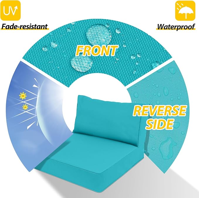 AAAAAcessories Outdoor Deep Seat Cushions, Waterproof, Fade-Resistant Patio Furniture Replacement Cushions, 25.5" x 25.5" x 5" + 25.5" x 13.5", Turquoise Blue