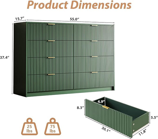 Green Dresser for Bedroom, 8 Drawer Double Dresser, Modern Chest of Drawers for Bedroom, Living Room, Entryway and Closet, 55" L x 15.7" D x 37.4" H