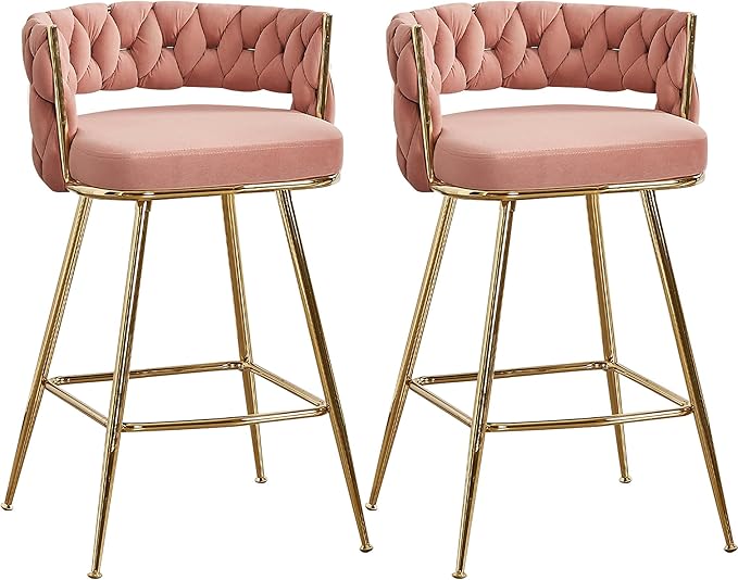 VECELO Bar Stools Set of 2, Counter Height Bar Stools, 26 inch Seat Barstools with Woven Back and Footrest for Kitchen Island Counter, Pink