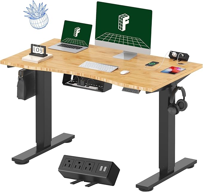 FLEXISPOT EN2 Whole-Piece Bamboo Standing Desk with Clamp Power Strip, 48 x 24'' Electric Stand Up Height Adjustable Desk with Cable Management (Black Frame + 48" Bamboo Top, 2 Packages)