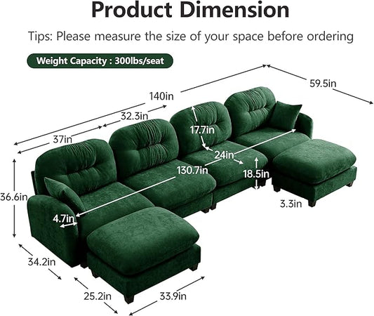 140" U Shaped Couch for Living Room, Comfy Chenille Fabric Cloud Sectional Couch, Modern Upholstered Deep Seat Sofa with Pillow and 2 Movable Ottoman, Oversized 4 Seater Sectional Sofa, Green