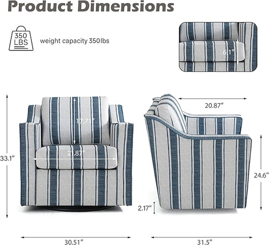 UIXE Swivel Accent Chairs Set of 2, Fabirc Upholstered Arm Chair for Living Room, Modern Club Armchair Comfy Single Sofa Bedroom Reading Seat with Lumbar Pillow - Navy Blue Stripe