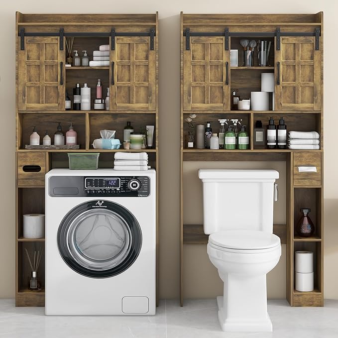 Over The Toilet Storage Cabinet, Farmhouse Storage Cabinet Over Toilet with Sliding Doors,Home Space-Saving Toilet Rack, for Bathroom, Restroom, Laundry. Brown