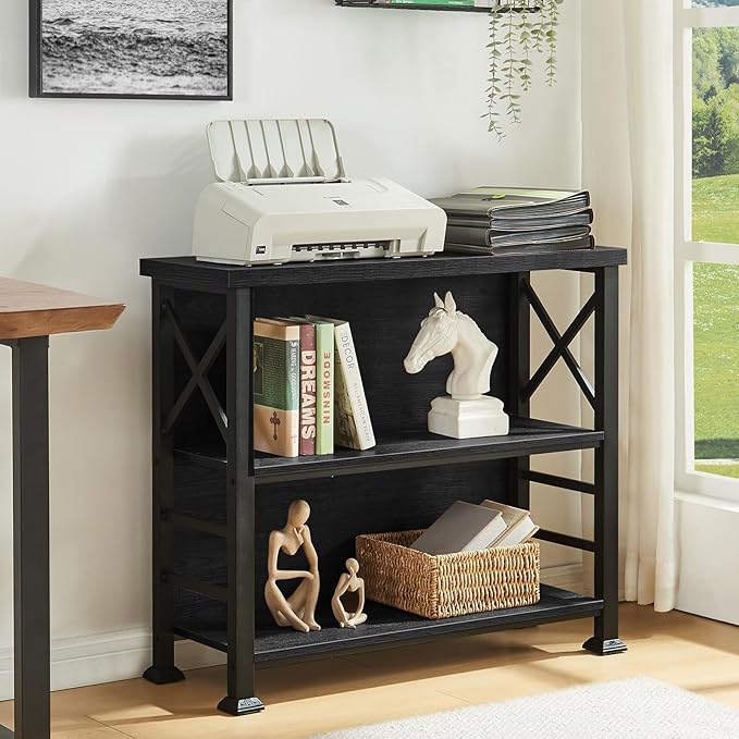 HOMBAZAAR Book Shelf,3 Tier Small Bookshelf with Metal Frame and Backboard,Black Deep Bookcase with Engineered Wood Shelves,Short Shelf Bookcase for Living Room,Bedroom and Office