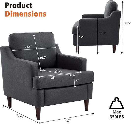 Mid-Century Accent Chair Modern Linen Fabric Armchair for Living Room,Comfy Upholstered Reading Chairs for Bedroom,Single Sofa Chair with Wood Legs (Darkgrey, Set of 1)