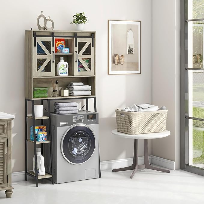 Over The Toilet Storage Cabinet, Farmhouse Storage Cabinet Over Toilet with 2 Sliding Barn Door,Home Space-Saving Toilet Rack, for Bathroom, Restroom, Laundry.(Grey)