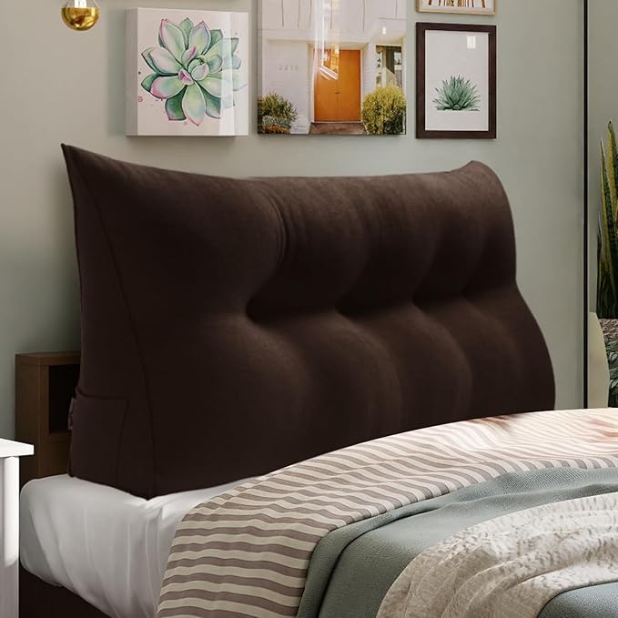 WOWMAX 85% Linen 15% Cotton Blend Headboard Pillow – Full Size Reading Wedge Backrest for Bed, Handmade Firm Support Bolster Cushion with Removable Cover, Premium Bed Rest Pillow, Brown