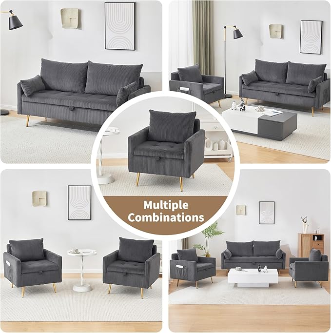Furnimart 3-Piece Storage Sofa and Couch Set, Corduroy Loveseat with 2pc Accent Single Chairs, Small Living Room Furniture Set for Apartment, Tiny Homes and Lofts, 3PC-Gray