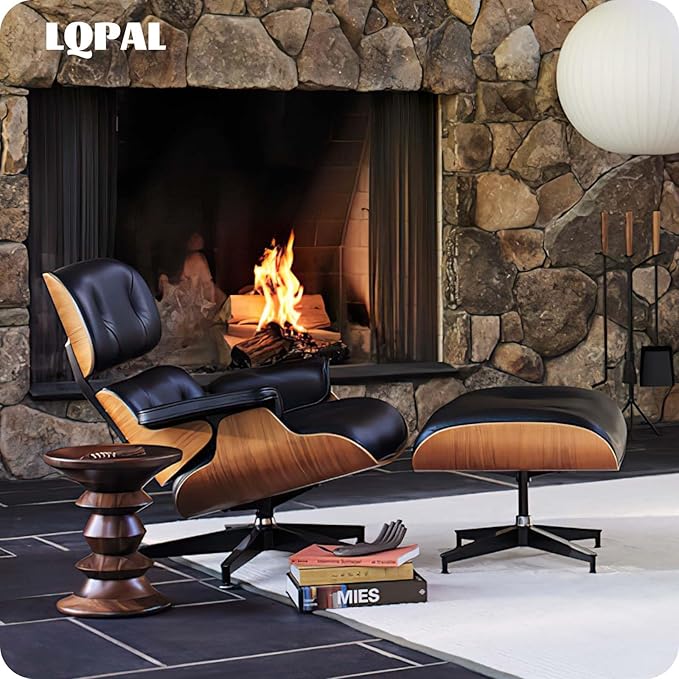 Top Black Grain Leather, Mid Century Chaise Lounge Chair and Ottoman, Modern Chair Classic Design, Walnut Wood, Heavy Duty Base Support for Living Room Study Lounge Office