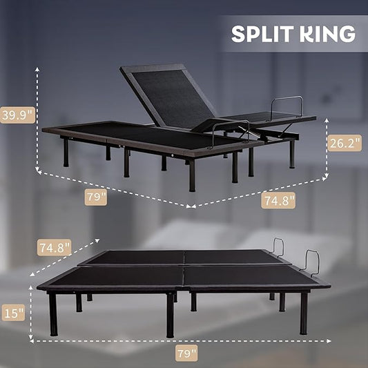 Split King Adjustable Bed Frame with 12 inch Gel Memory Foam Mattress, CertiPUR-US Certified Fiberglass Free, Zero Gravity & Wireless Remote, Head & Foot Incline, 80"×76"