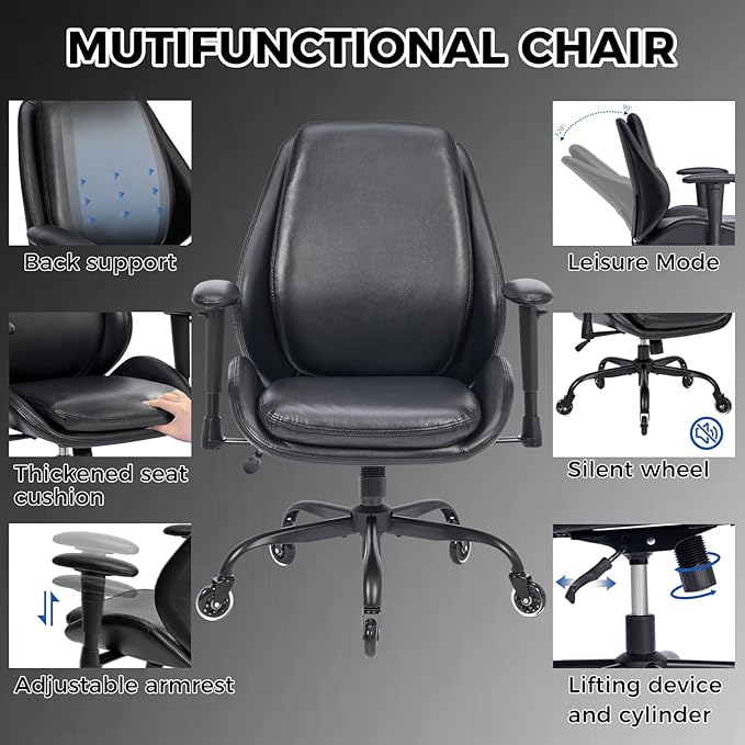BEWISHOME Home Office Desk Chair, Black Leather Executive Chair with Adjustable Armrests, Computer Chair with Lumbar Support, 360° Swivel Ergonomic Rolling Chair for Adults, Up to 320lbs,BBY02B