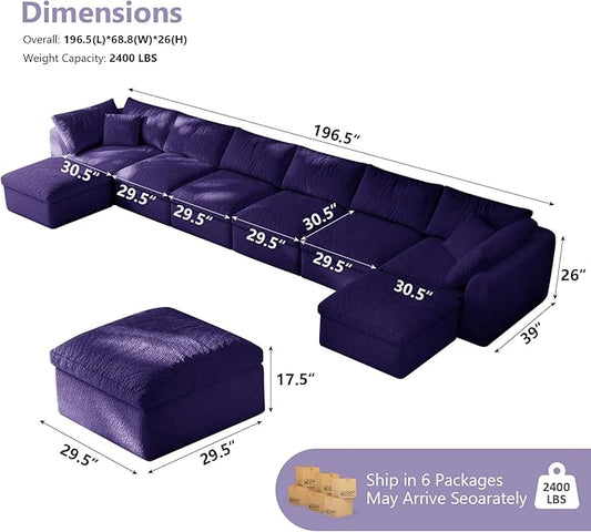 Boneless Cloud Couch Modular Sectional Sofa with Deep Seat for Living Room, L Shape Couch with Ottoman, Snowflake Cloth and 40D Memory Sponge,2 Throw Pillows (Purple, 6 Seater+2 Ottoman)