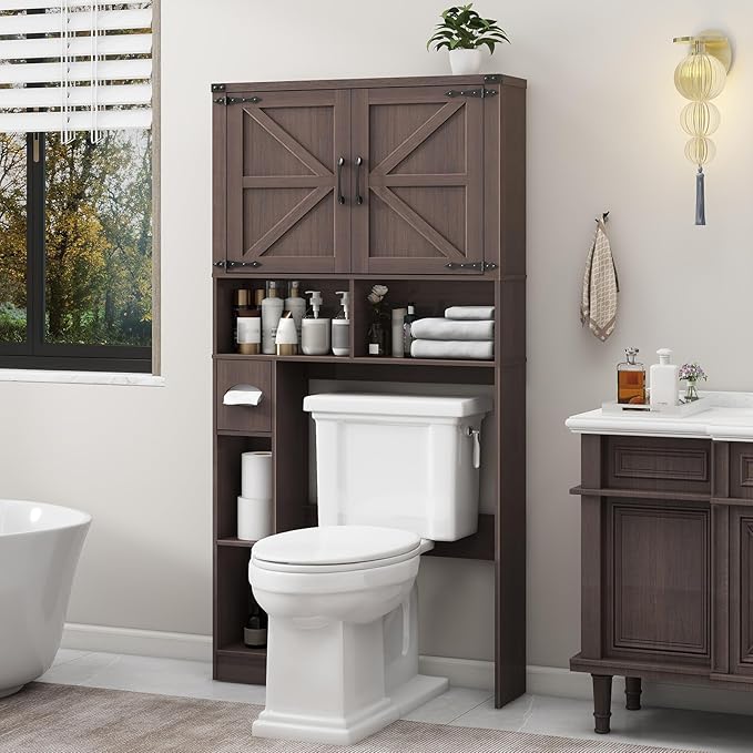 Vabches Over The Toilet Storage Cabinet, Farmhouse Storage Cabinet Over Toilet with Barn Doors & Toilet Paper Holder Stand,Home Space-Saving Toilet Rack, for Laundry, Bathroom, Restroom(Espresso).