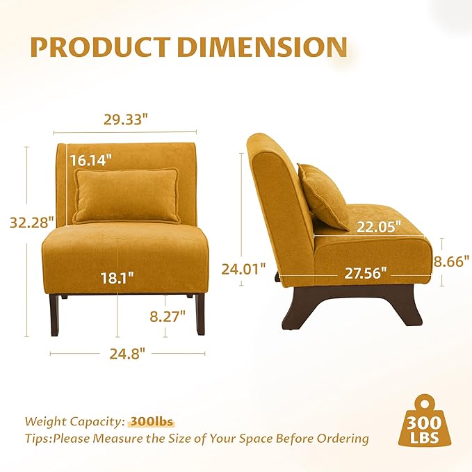 Set of 2 Upholstered Armless Accent Chair,Modern Comfy Living Room Chairs with Wooden Legs& Pillows,Lounge Sofa Side Chair for Bedroom Farmhouse Reading (Yellow, 2 PCS)