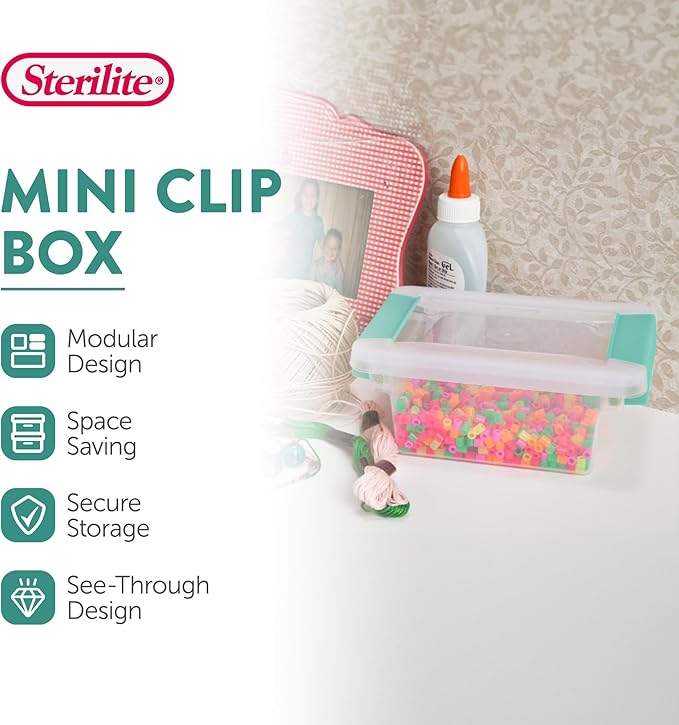 Sterilite 6-Pack Clip Box, Stackable Clear Plastic Bins with Latching Lids, Mini - Writing, Arts or Crafts Supplies Storage Containers for Home, Office, Classroom and Workshop Organization