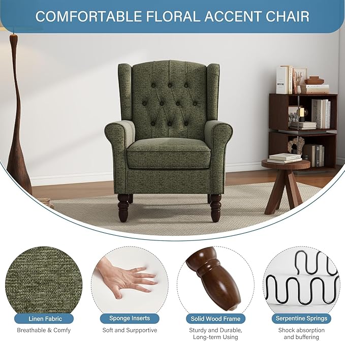 UIXE High Back Accent Chair, Upholstered Armchair in Fabric for Living Room, Retro Wingback Arm Chair Comfy Single Sofa Bedroom Reading Seat with Solid Wood Legs - Green