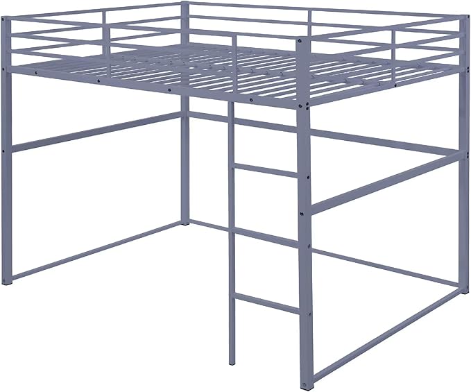 Metal Loft Bed Full Size, Loft Bed Frame with Safety Guard Rails & Flat Ladder, Twin Loft Bed for Kids Teens Adults, Gray