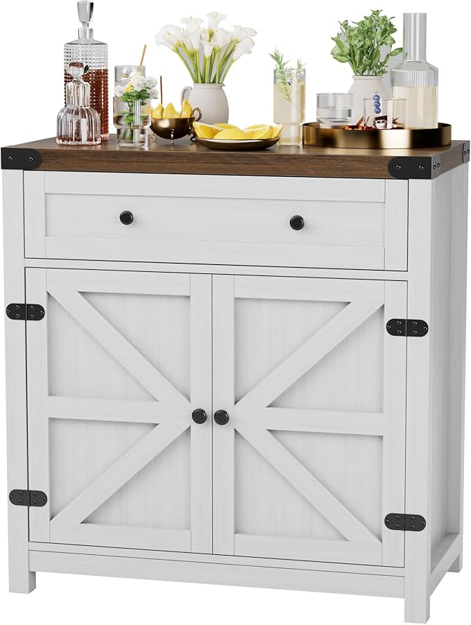 JUMMICO Coffee Bar Cabinet Farmhouse Kitchen Sideboard Buffet Cabinet with Drawer and Adjustable Shelf Barn Door Storage Cabinet for Kitchen, Dining Room, Bathroom, Entryway(White)