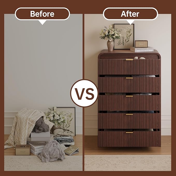 FURSUN Fluted 5 Drawers Dresser for Bedroom, 48" Tall Wooden Modern Dresser with Metal Handle, Curved Profile Design, Storage Organizer for Living Room, Hallway(Dark Walnut)