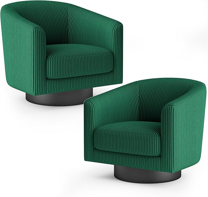 360Β° Swivel Accent Chairs Set of 2, Modern Bucket Chair, Corduroy Barrel Armchair, Comfy Boucle Chair, Single Sofa for Living Room Bedroom. Green