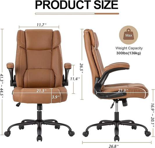 Office Desk Chair,Ergonomic Conference Room Chairs,Mid Back Executive Leather Chair,Comfy Computer Desk Chairs with Adjustable Flip-Up Arms and Rocking Function (Brown)