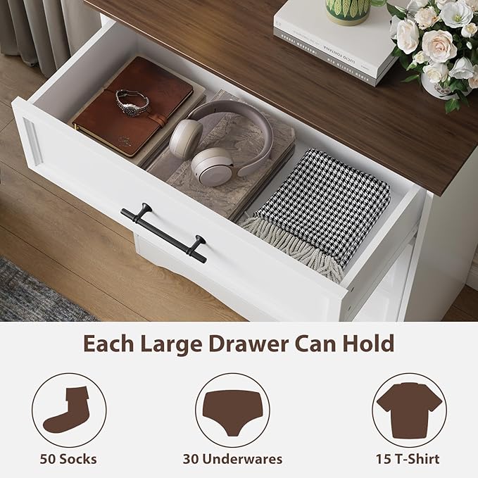 White Farmhouse Dresser for Bedroom, 36" Tall 4 Drawer Chest with Sleek Brushed Metal Handles, Modern Wood Storage Cabinet with Unique Base Design, Closet Organizer for Bedroom, Living Room, Hallway