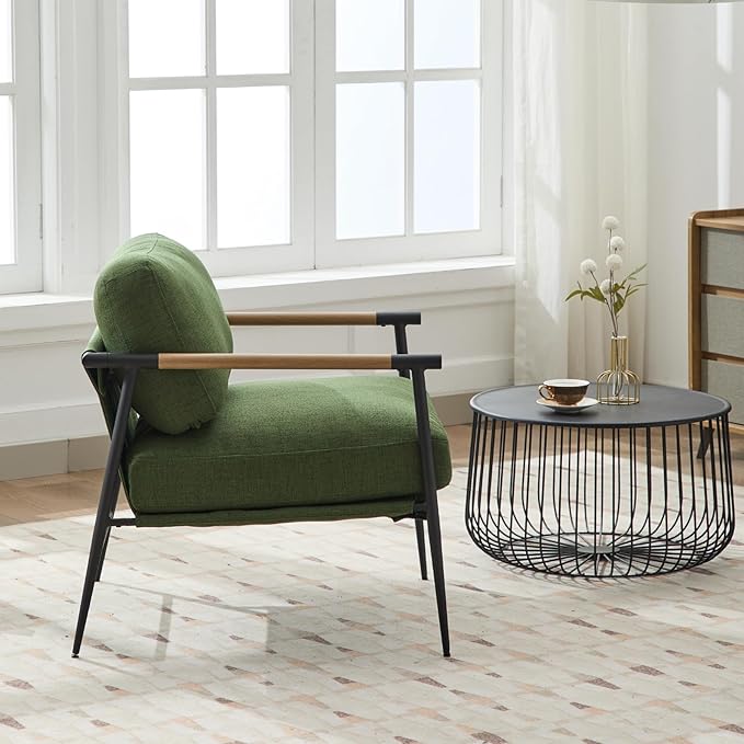Mid-Century Accent Chair Set of 2, Soft Armchair Linen Fabric Lounge Chair with Black Metal Legs, Upholstered Leisure Chair for Living Room Reception Room, Green