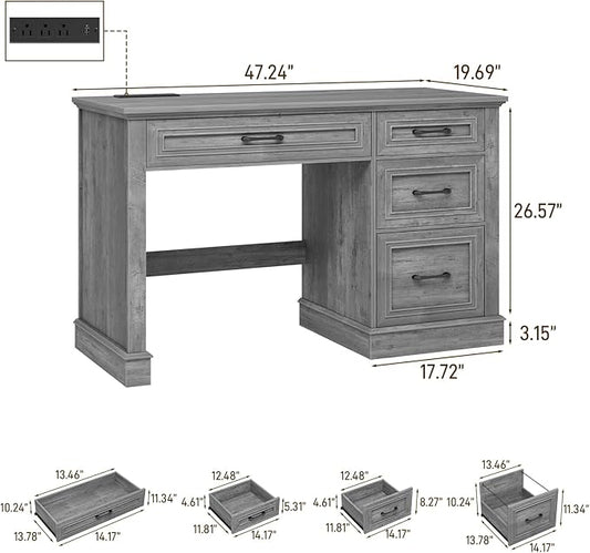 Vabches Farmhouse 47" Executive Desk, Computer Desk with Drawers and File Drawer, Workstation Computer Desk with Charging Station for Home Office,Study,Grey.