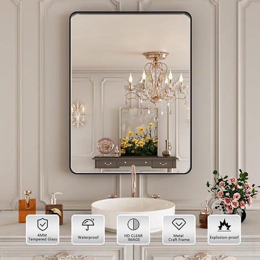 Black Metal Framed Bathroom Mirror for Wall,24X28 Rounded Rectangle Mirror, Matte Black Bathroom Vanity Mirror Farmhouse, Anti-Rust, Tempered Glass, Hangs Horizontally or Vertically