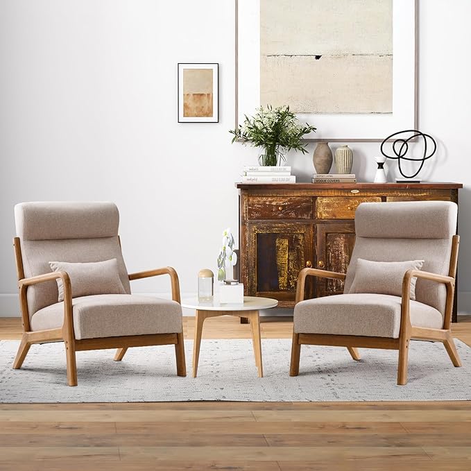 INZOY Mid Century Modern Accent Chair Set of 2, High Back Reading Armchair with Wood Frame, Upholstered Living Room Chairs with Waist Cushion, Single Lounge Arm Chair for Bedroom Sunroom, Beige