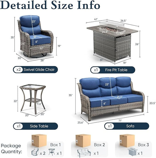 Belord Luxury 6" Thick Cushioned 5 Pieces Patio Furniture Set with Fire Pit Table, Wicker Outdoor Conversation Set with High Back Swivel Rocker Chairs for Deck Porch Yard and Poolside - Grey+Blue