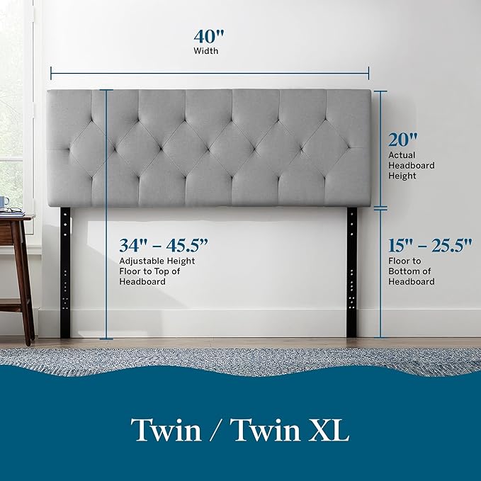 Lucid Mid-Rise Upholstered Headboard - Diamond Tufted - Padded Polyester - Adjustable Height from 34” to 46” - Easy Assembly - Bed Frame or Wall Mount - Sturdy - Stone - Twin / Twin XL Size