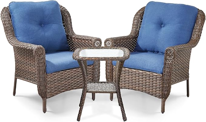 3 Piece Patio Brown Wicker Chairs with Side Table - Outdoor High Back Heavy Duty All-Weather Lawn Dining Rattan Chair Conversation Bistro Set for Deck Porch Balcony Backyard Garden - Navy Blue