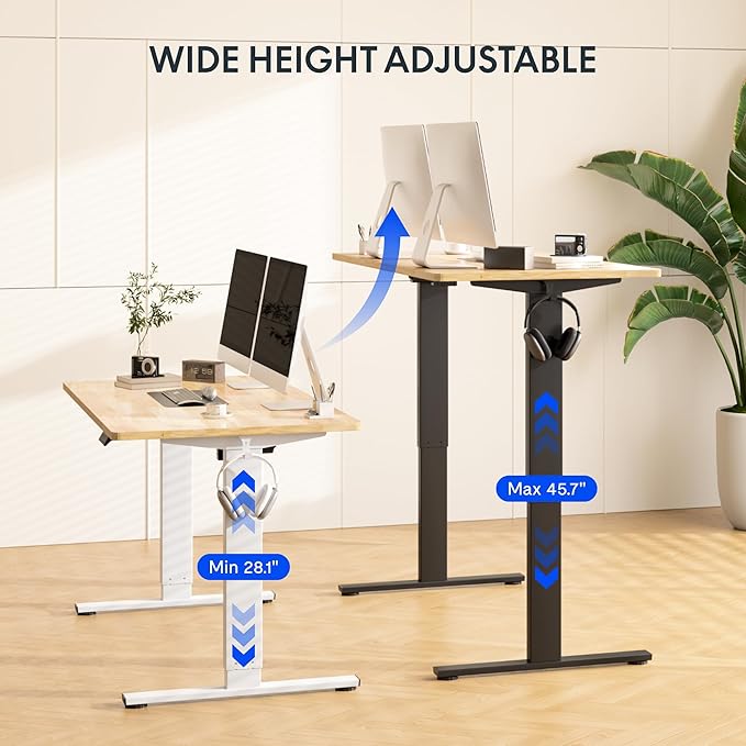 FLEXISPOT EN1 One-Piece Solid Wooden Standing Desk 48 x 24 Inches Height Adjustable Electric Sit Stand Home Office Desks (Black Frame + Rubber Wood Top, 2 Packages)